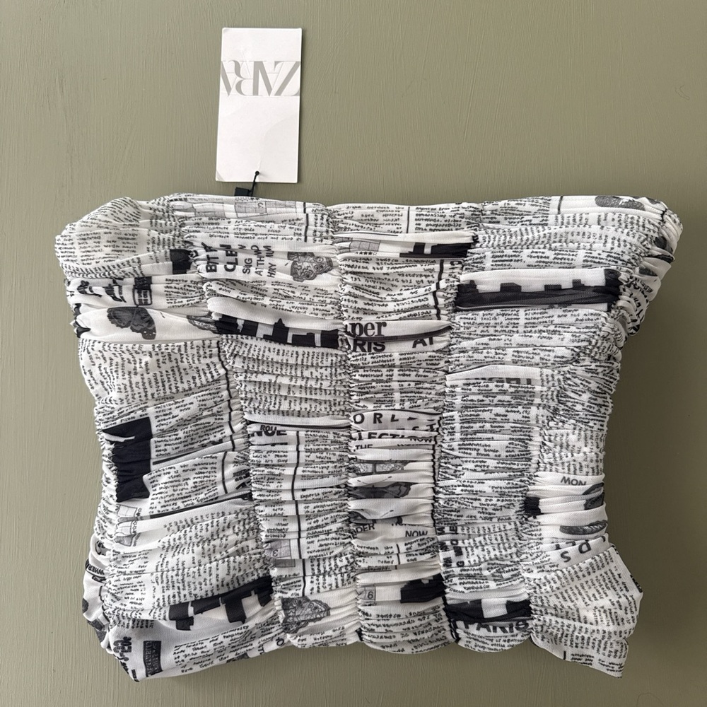 Zara Black & White Newspaper Print Strapless Top